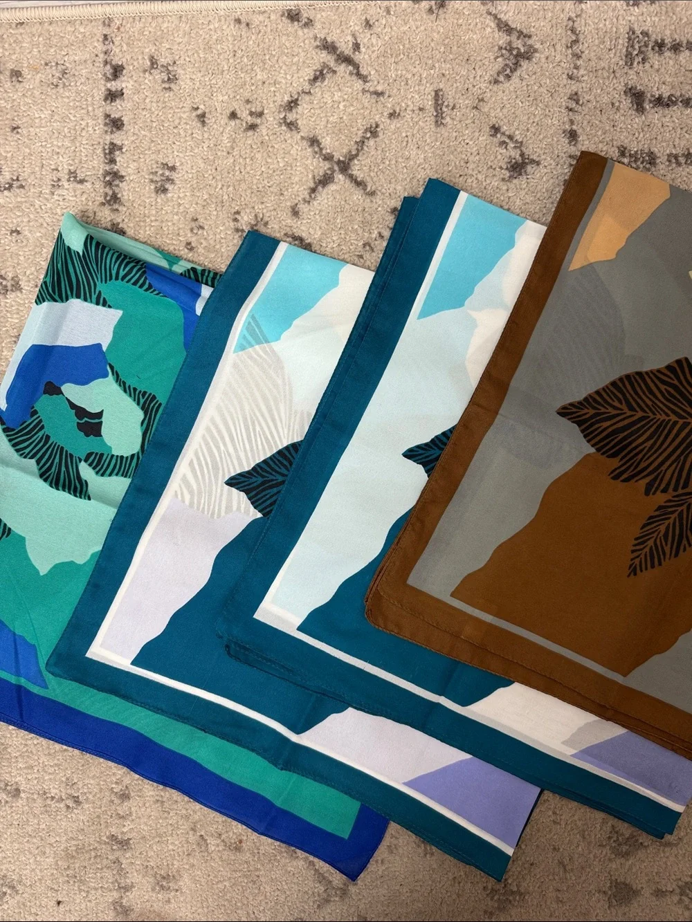 Set of Matching Rose Patterned Scarves in Teal, Blue, Aqua & Brown